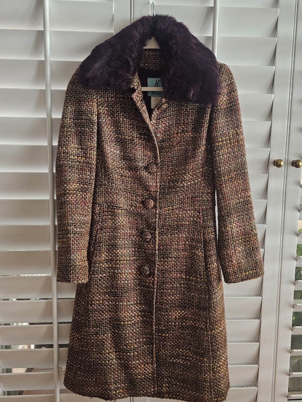 Marciano Woven Tweed Long Coat with Rabbit Faux Fur Collar - Burgandy